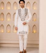 Off white silk blend heavy thread & sequins embroidered kurta with straight pant