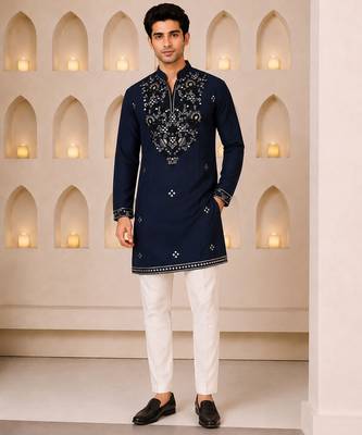 Navy blue silk blend heavy thread zari & sequins embroidered kurta 1