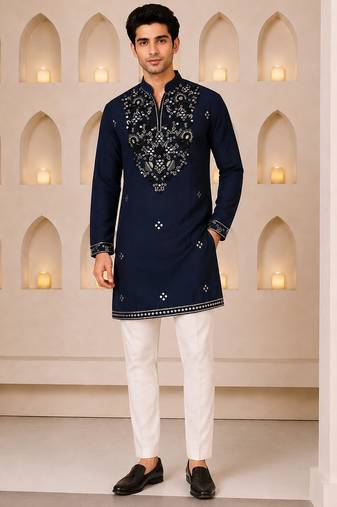Navy blue silk blend heavy thread zari & sequins embroidered kurta