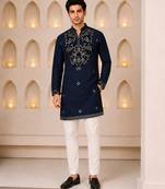 Navy blue silk blend heavy thread zari & sequins embroidered kurta