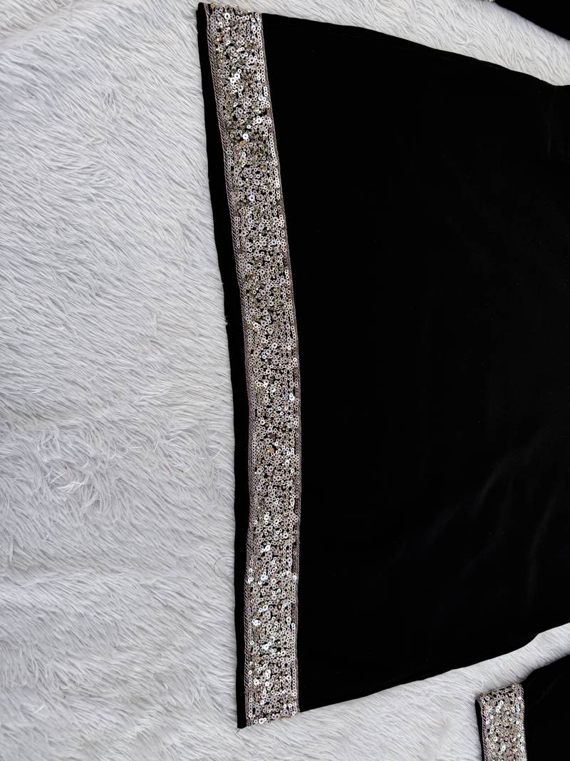 Black silk blend heavy thread & sequins embroidered kurta with off white straight pant