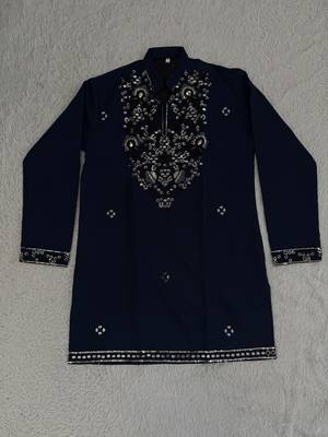 Navy blue silk blend heavy thread zari & sequins embroidered kurta 2