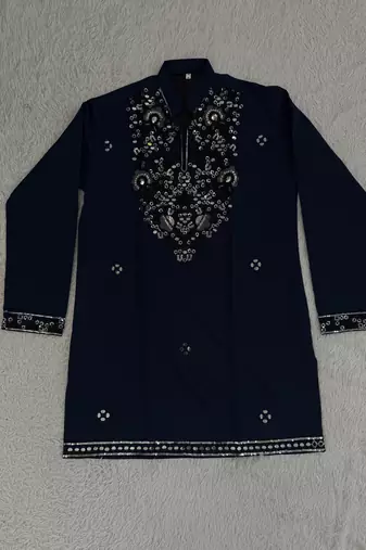 Navy blue silk blend heavy thread zari & sequins embroidered kurta