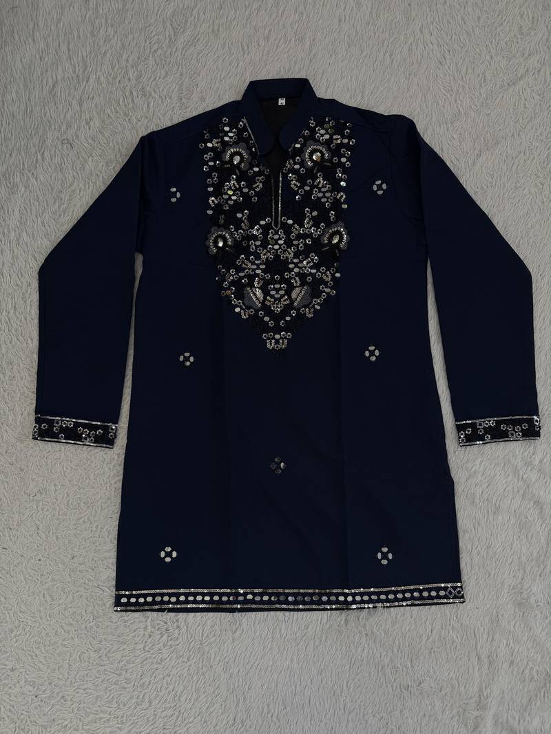 Navy blue silk blend heavy thread zari & sequins embroidered kurta
