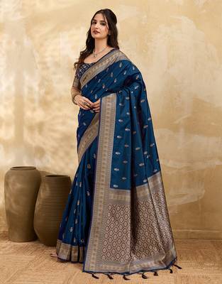 Morpeach jaquard silk woven zari work traditional saree with unstitch blouse 6