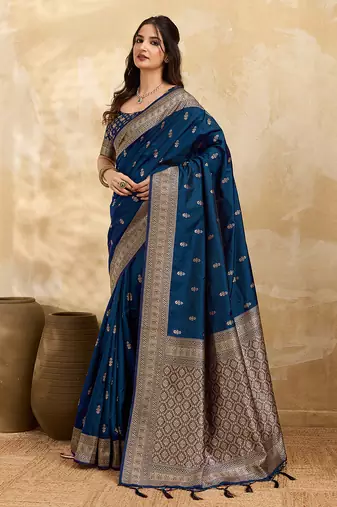 Morpeach jaquard silk woven zari work traditional saree with unstitch blouse