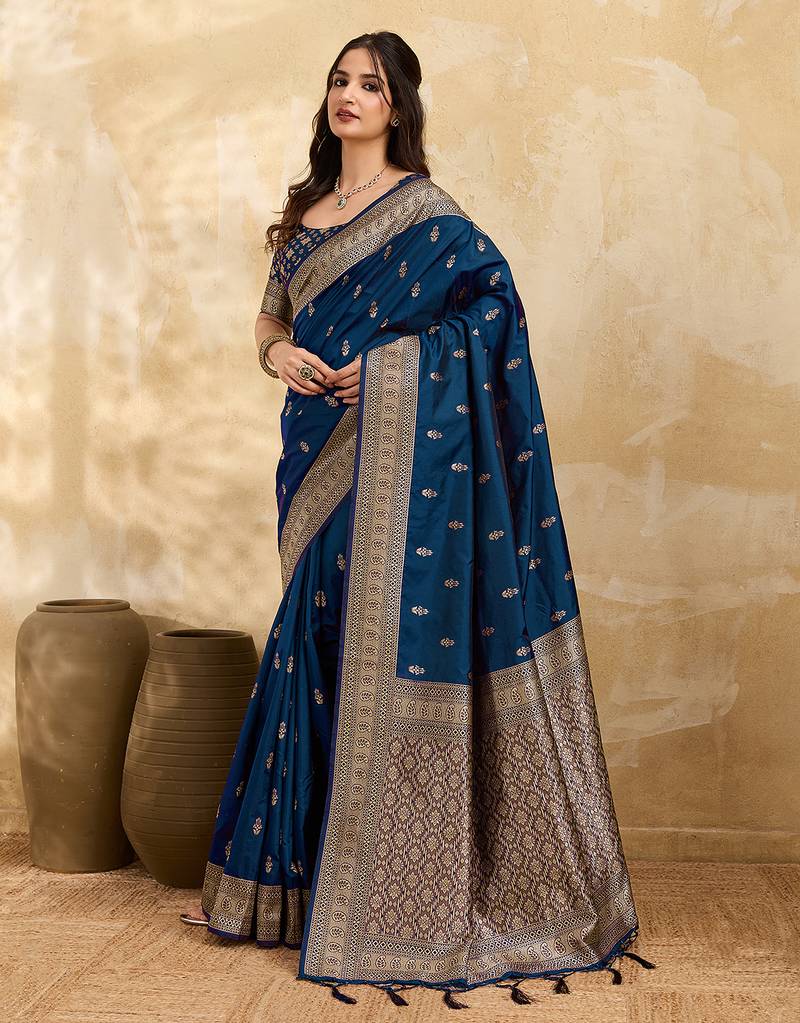 Morpeach jaquard silk woven zari work traditional saree with unstitch blouse