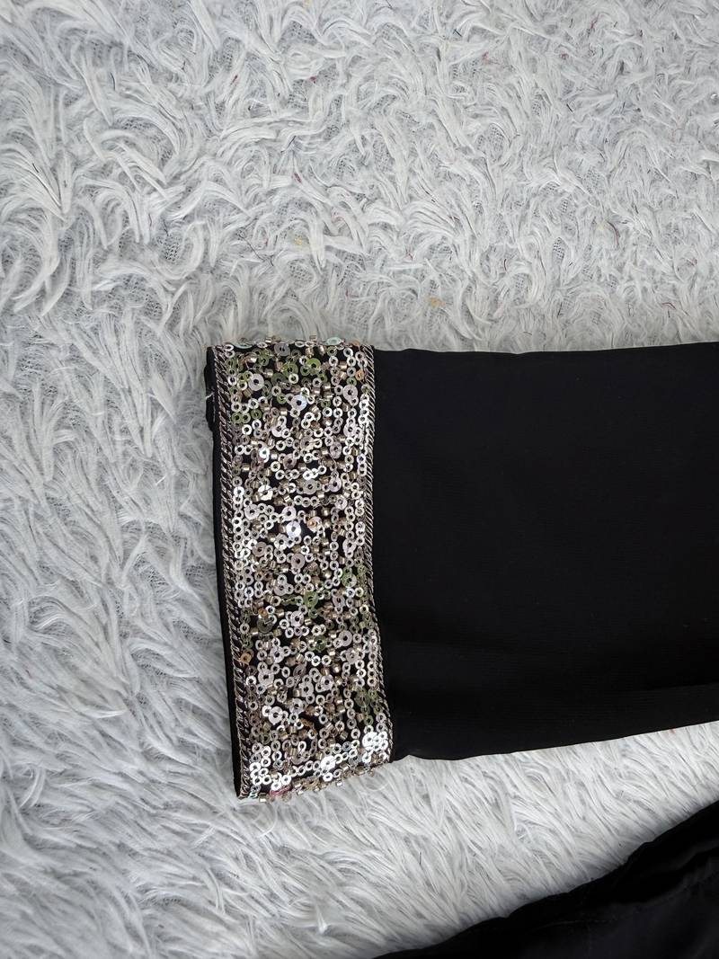Black silk blend heavy thread & sequins embroidered kurta with off white straight pant