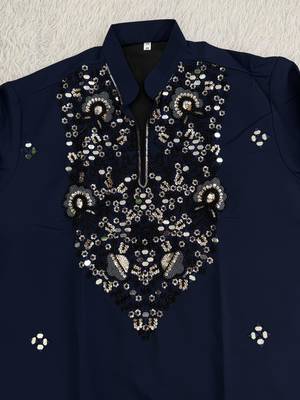 Navy blue silk blend heavy thread zari & sequins embroidered kurta 3