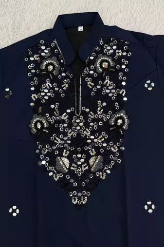 Navy blue silk blend heavy thread zari & sequins embroidered kurta