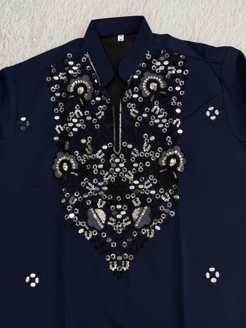 Navy blue silk blend heavy thread zari & sequins embroidered kurta