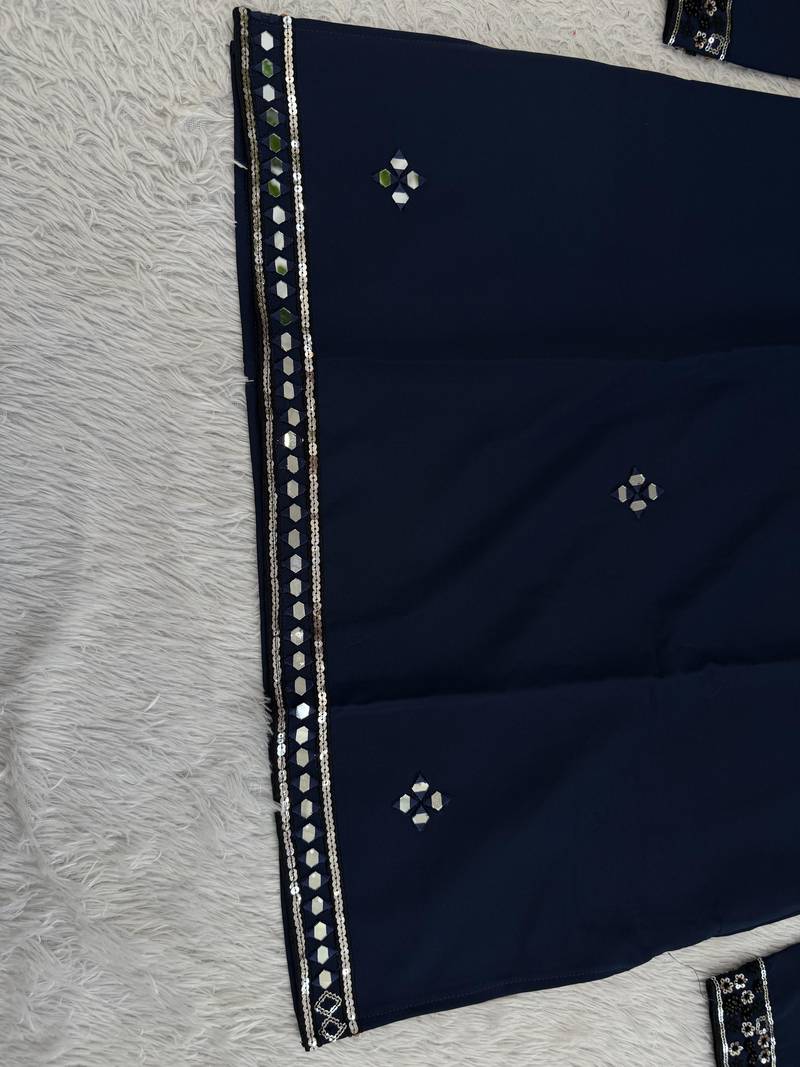 Navy blue silk blend heavy thread zari & sequins embroidered kurta