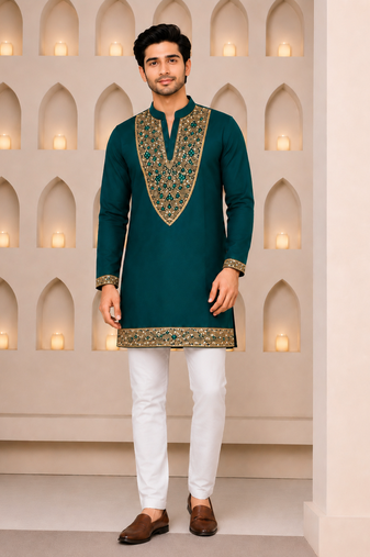 Emerald green designer men’s kurta with heavy sequin & stone embroidery mid thigh short kurta party wear ethnic outfit