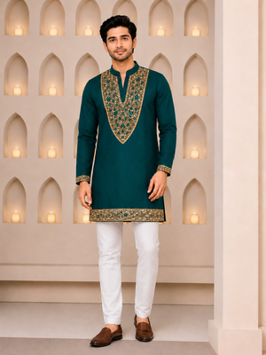 Emerald green designer men’s kurta with heavy sequin & stone embroidery mid thigh short kurta party wear ethnic outfit 1