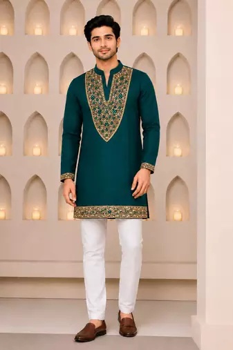 Emerald green designer men’s kurta with heavy sequin & stone embroidery mid thigh short kurta party wear ethnic outfit