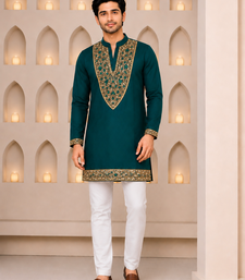 Emerald green designer men’s kurta with heavy sequin & stone embroidery mid thigh short kurta party wear ethnic outfit