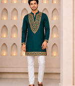 Emerald green designer men’s kurta with heavy sequin & stone embroidery mid thigh short kurta party wear ethnic outfit