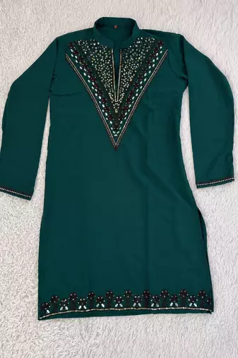 Teal green silk blend thread, zari & sequins embroidered kurta