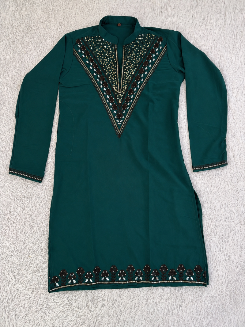 Teal green silk blend thread, zari & sequins embroidered kurta