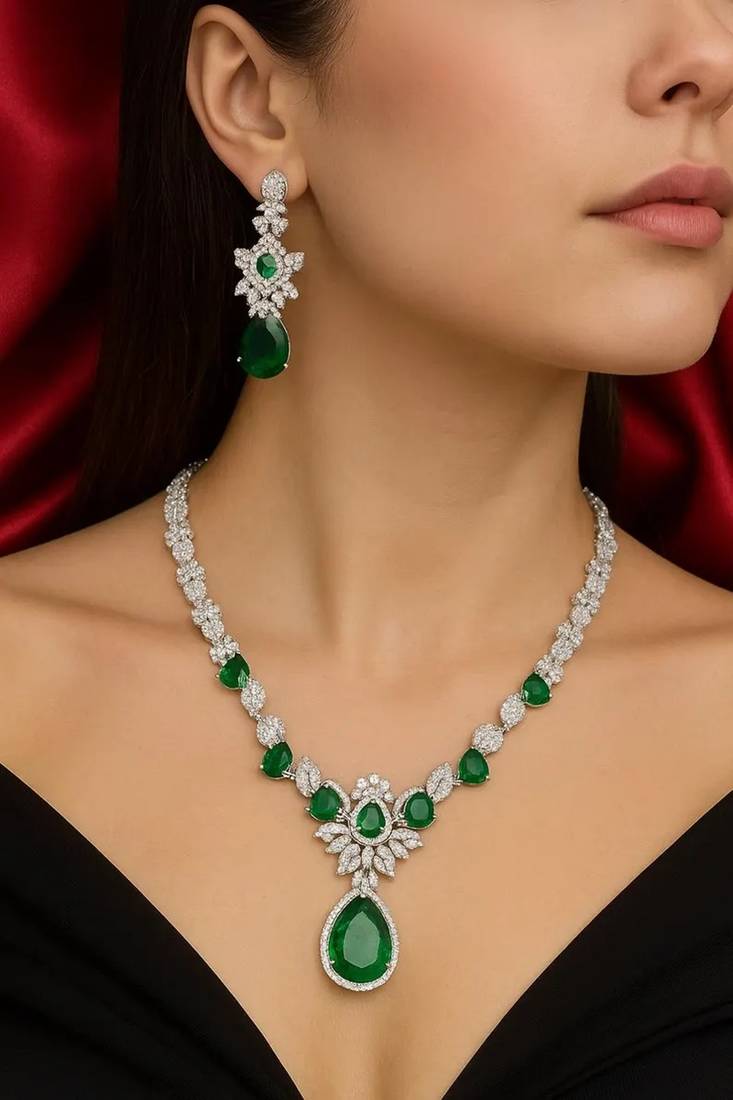 emerald green crystal jewellery set  silver plated bridal necklace earrings