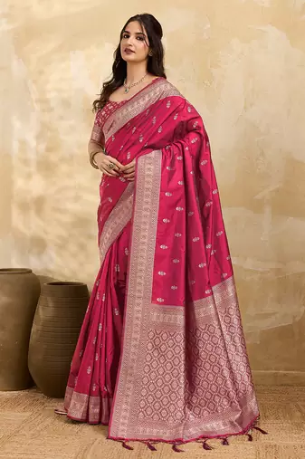 Pink jaquard silk woven zari work traditional saree with unstitch blouse