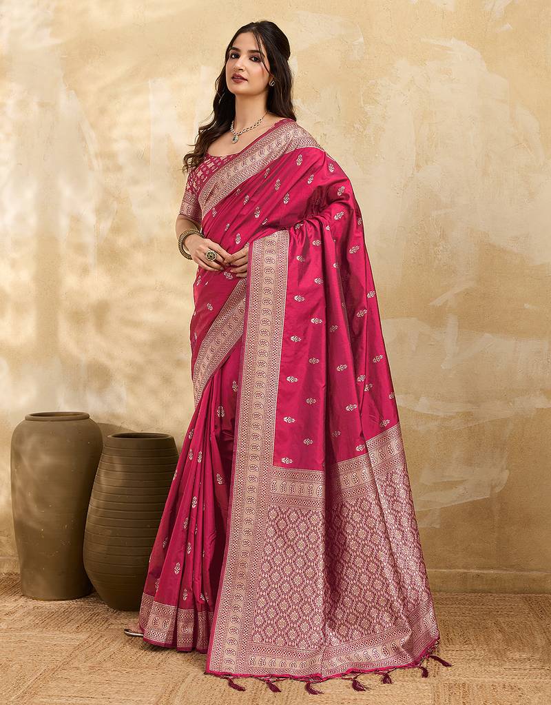 Pink jaquard silk woven zari work traditional saree with unstitch blouse