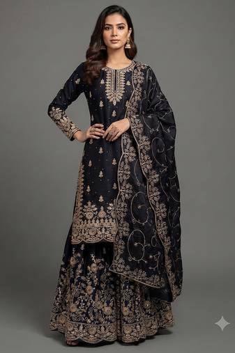 Jet black Fandy Satin heavy embroidered silk sharara suit set