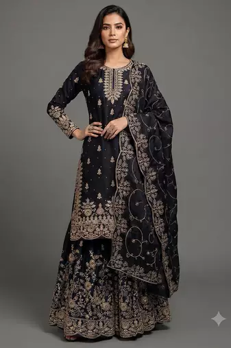 Jet black Fandy Satin heavy embroidered silk sharara suit set