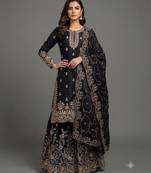 Jet black Fandy Satin heavy embroidered silk sharara suit set
