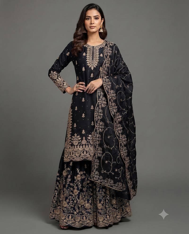 Jet black Fandy Satin heavy embroidered silk sharara suit set