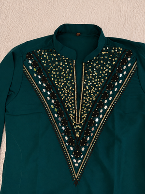 Teal green silk blend thread, zari & sequins embroidered kurta 3