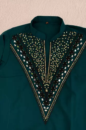 Teal green silk blend thread, zari & sequins embroidered kurta