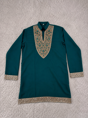 Emerald green designer men’s kurta with heavy sequin & stone embroidery mid thigh short kurta party wear ethnic outfit 2
