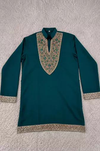 Emerald green designer men’s kurta with heavy sequin & stone embroidery mid thigh short kurta party wear ethnic outfit