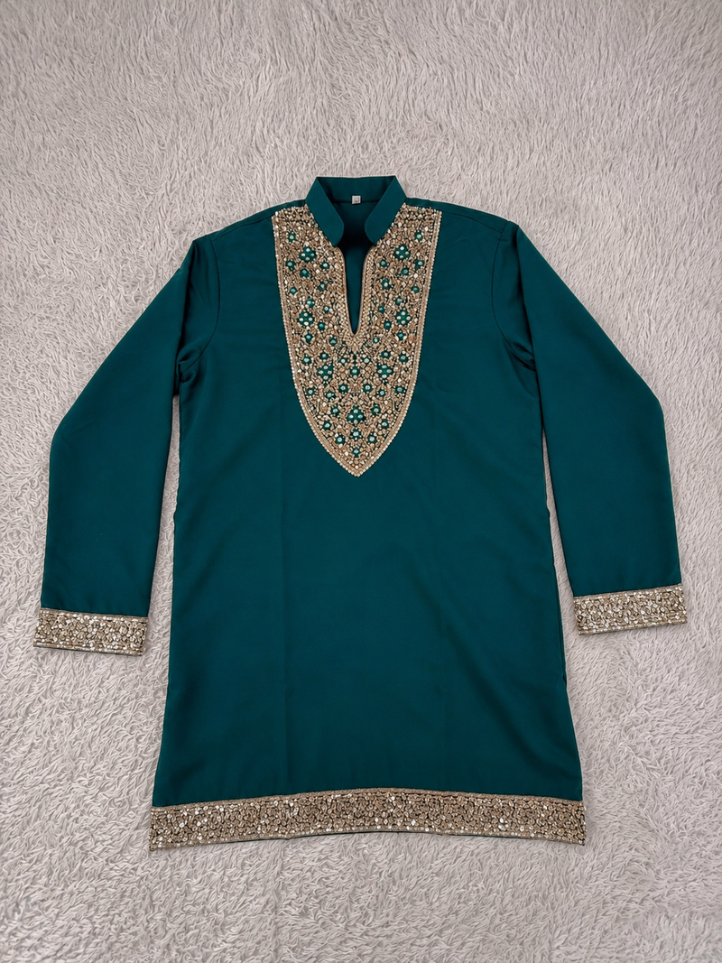 Emerald green designer men’s kurta with heavy sequin & stone embroidery mid thigh short kurta party wear ethnic outfit