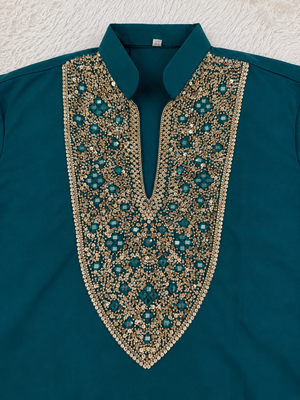 Emerald green designer men’s kurta with heavy sequin & stone embroidery mid thigh short kurta party wear ethnic outfit 3