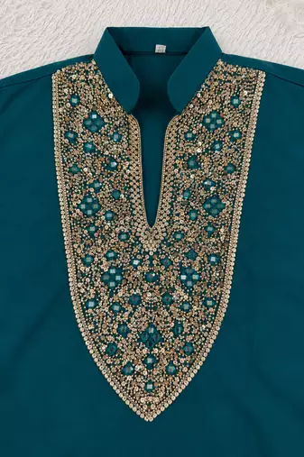 Emerald green designer men’s kurta with heavy sequin & stone embroidery mid thigh short kurta party wear ethnic outfit