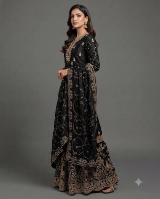 Jet black Fandy Satin heavy embroidered silk sharara suit set 2