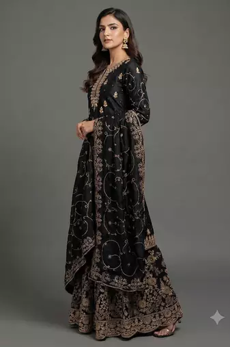 Jet black Fandy Satin heavy embroidered silk sharara suit set