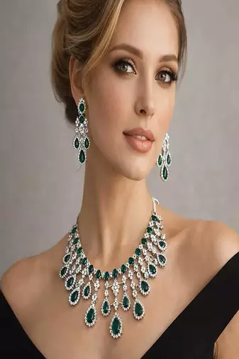 emerald green cz bridal necklace earrings set  silver wedding jewellery