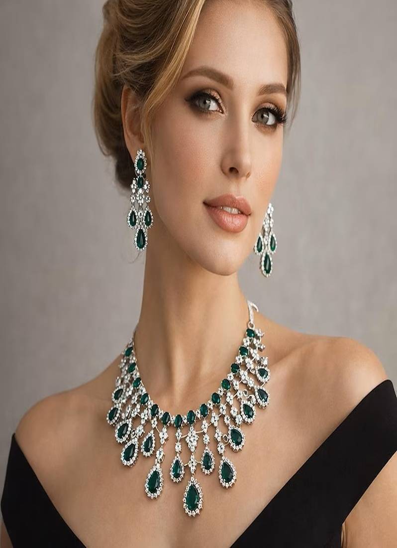 emerald green cz bridal necklace earrings set  silver wedding jewellery