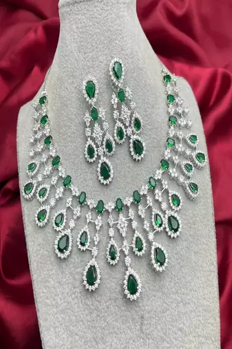 emerald green cz bridal necklace earrings set  silver wedding jewellery