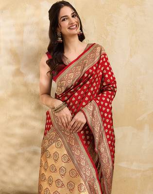 Red Jacquard Silk Woven Rich Pallu Saree With Unstitch Blouse Piece 6