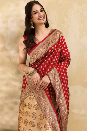 Red Jacquard Silk Woven Rich Pallu Saree With Unstitch Blouse Piece