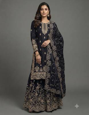 Jet black Fandy Satin heavy embroidered silk sharara suit set 3