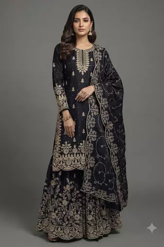 Jet black Fandy Satin heavy embroidered silk sharara suit set