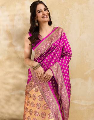 Pink Jacquard Silk Woven Rich Pallu Saree With Unstitch Blouse Piece 6