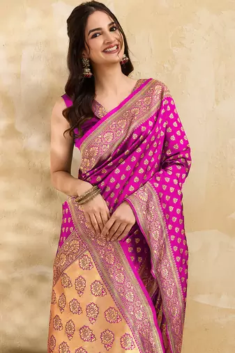 Pink Jacquard Silk Woven Rich Pallu Saree With Unstitch Blouse Piece