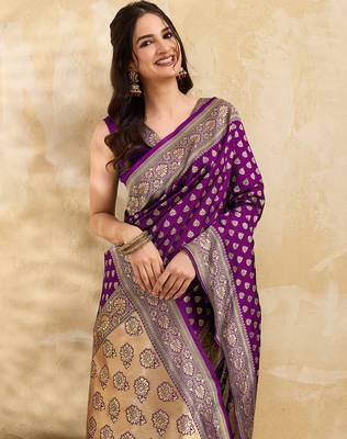 Purple Jacquard Silk Woven Rich Pallu Saree With Unstitch Blouse Piece 6