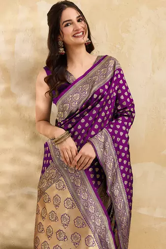 Purple Jacquard Silk Woven Rich Pallu Saree With Unstitch Blouse Piece